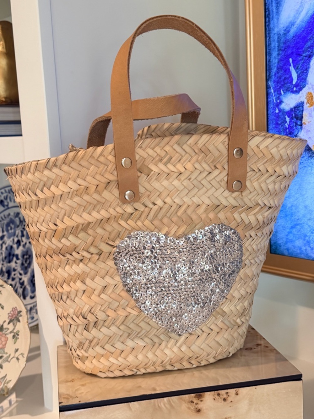 French Baskets Sequin Heart Straw Tote with Tan Leather Handles